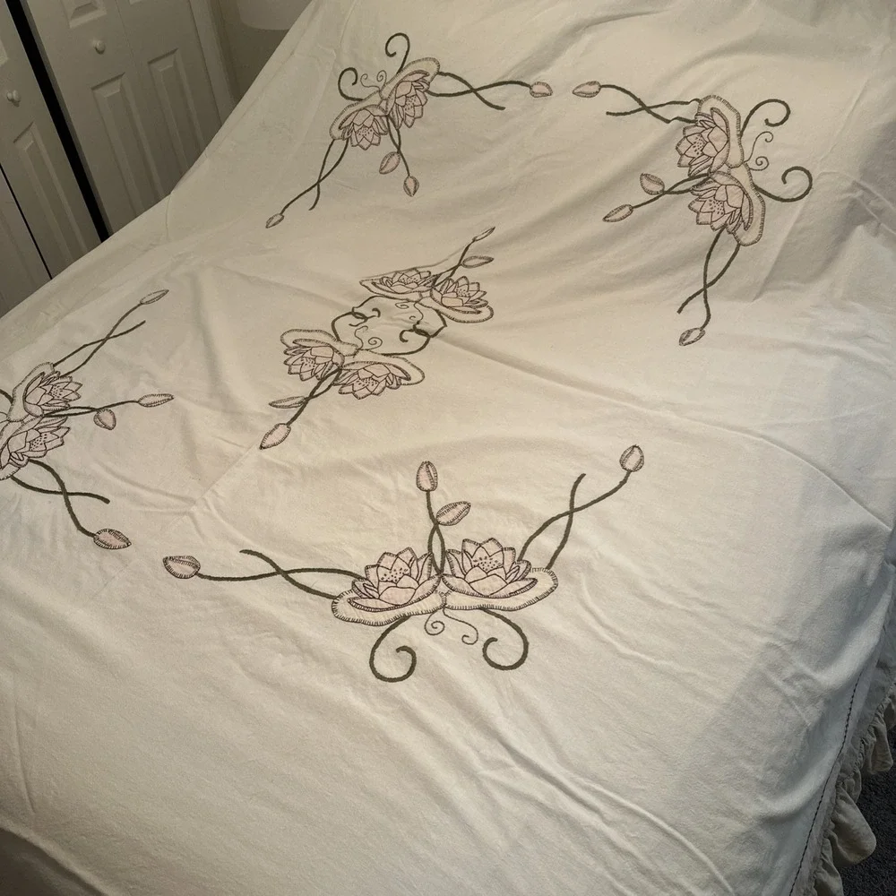 Vtg Hand Embroidered Floral Cottagecream 88